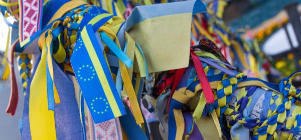 Ribbons with the symbols of Ukraine and the European Union
