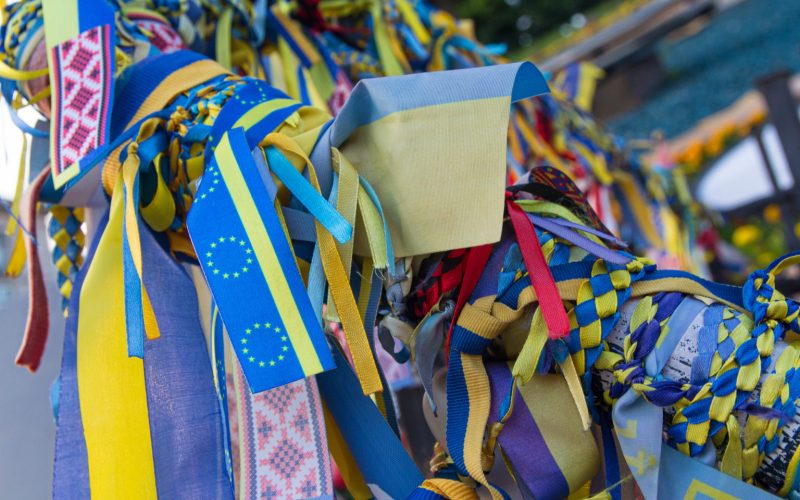 Ribbons with the symbols of Ukraine and the European Union